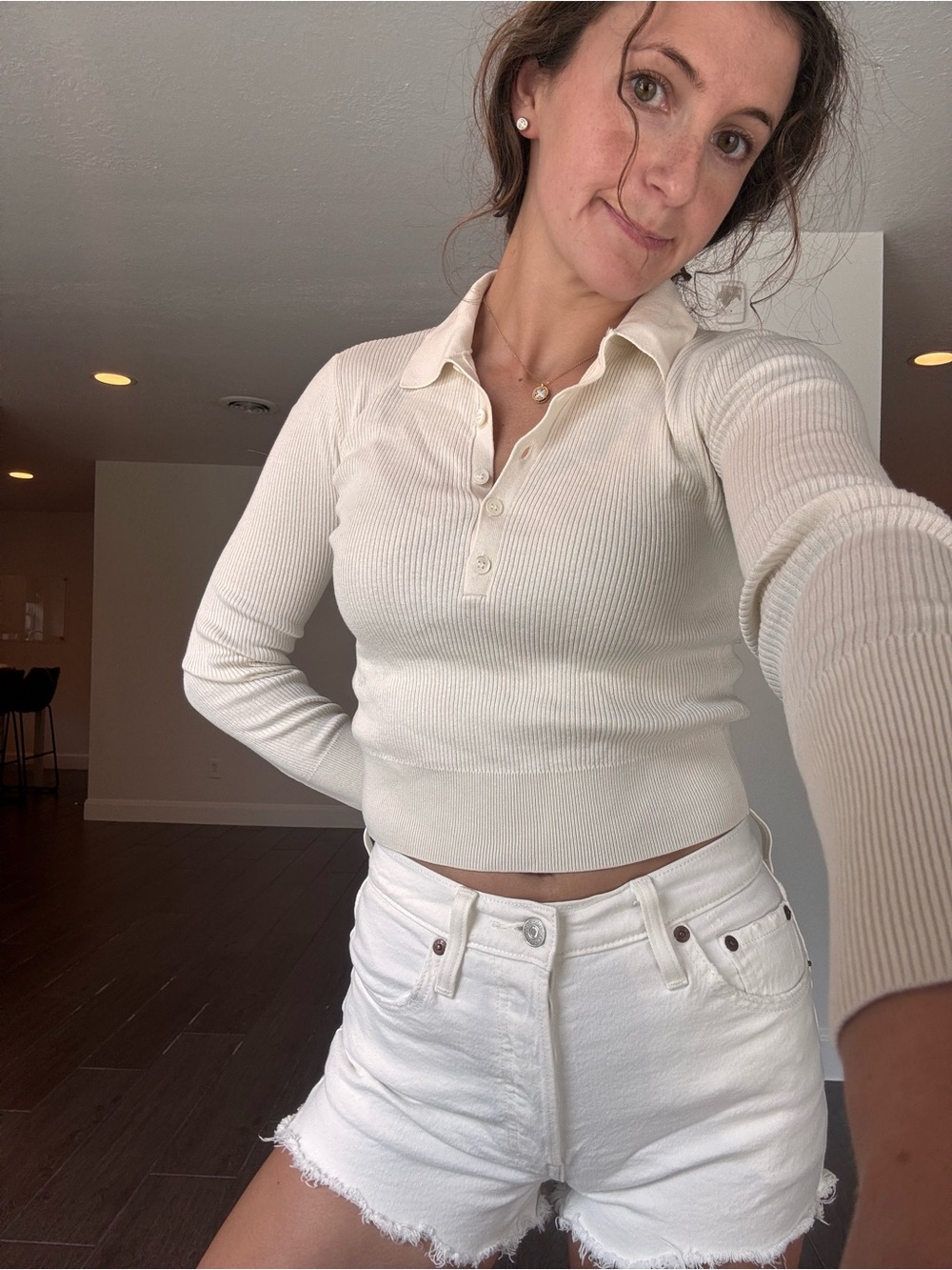 Frame Cream Ribbed Polo Long Sleeve Top